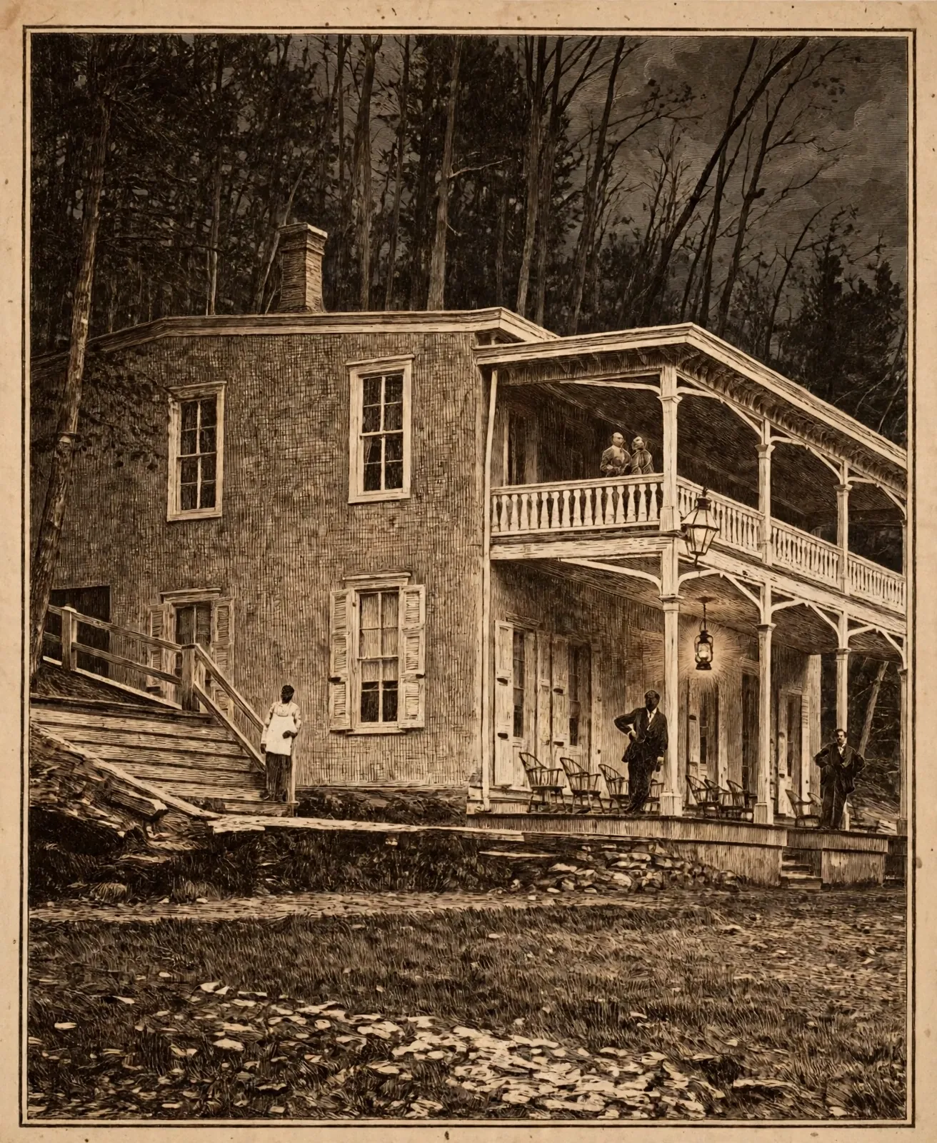 The First Indian Rock Hotel in 1872: a stone roadhouse with a two-tier veranda, figures at the upper railing, and a man in an apron by the outside staircase