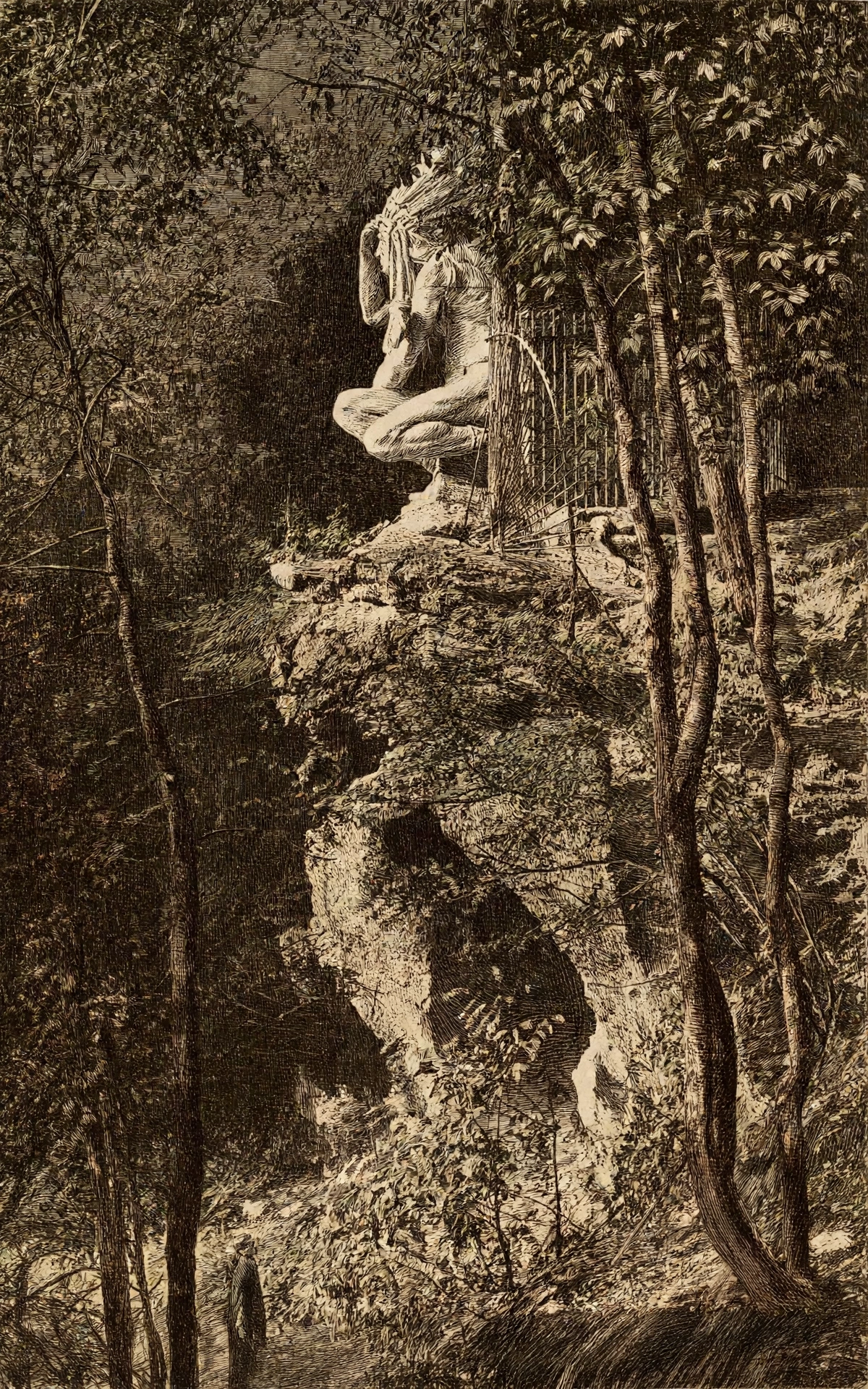 The stone statue of Tedyuscung crouching on Council Rock above the hotel site, among the trees