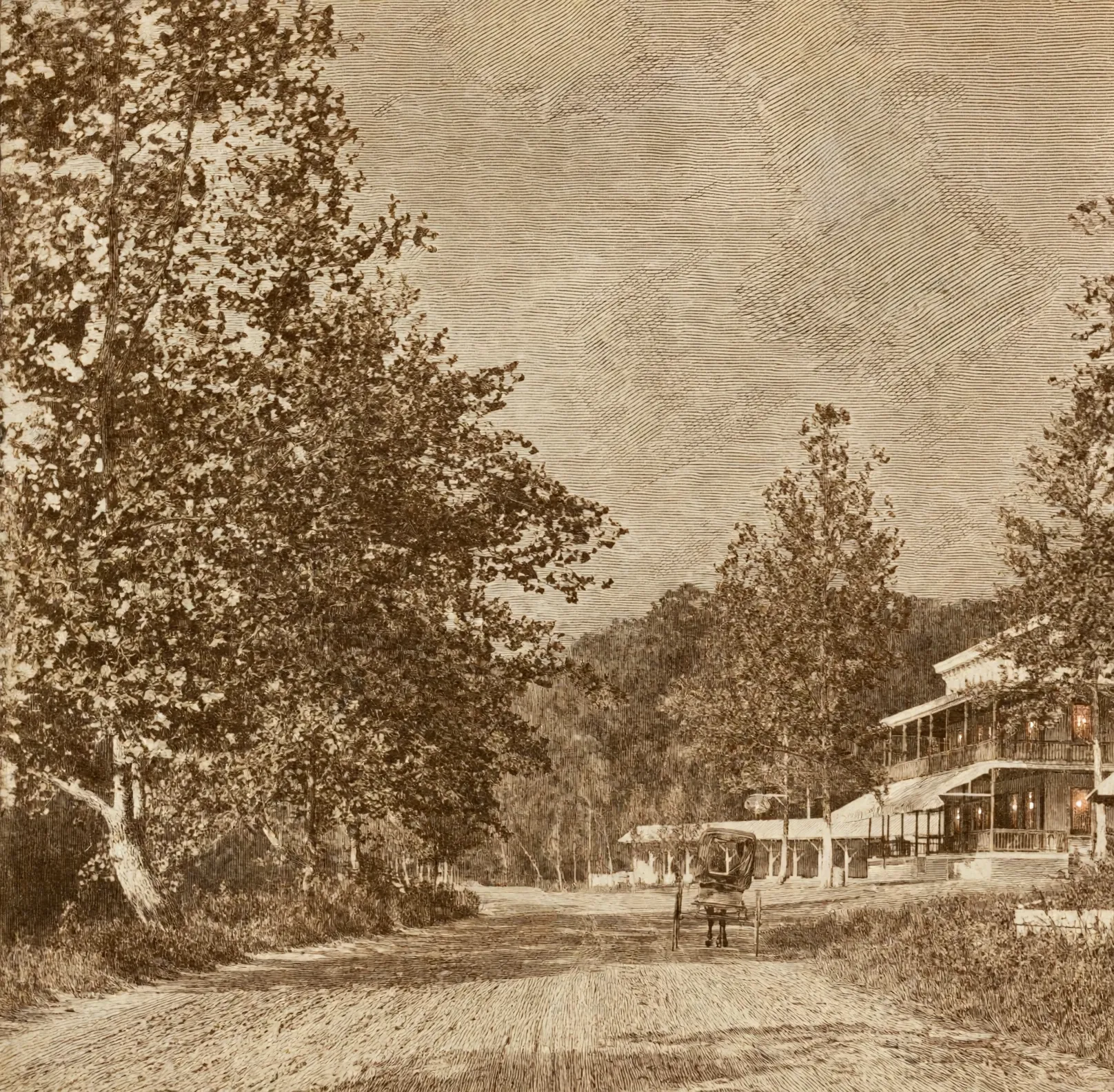 The Maple Spring Hotel from Lincoln Drive about 1869: a carriage approaching on the dirt road, great trees at the left, the long gallery-fronted hotel among the trees at the right