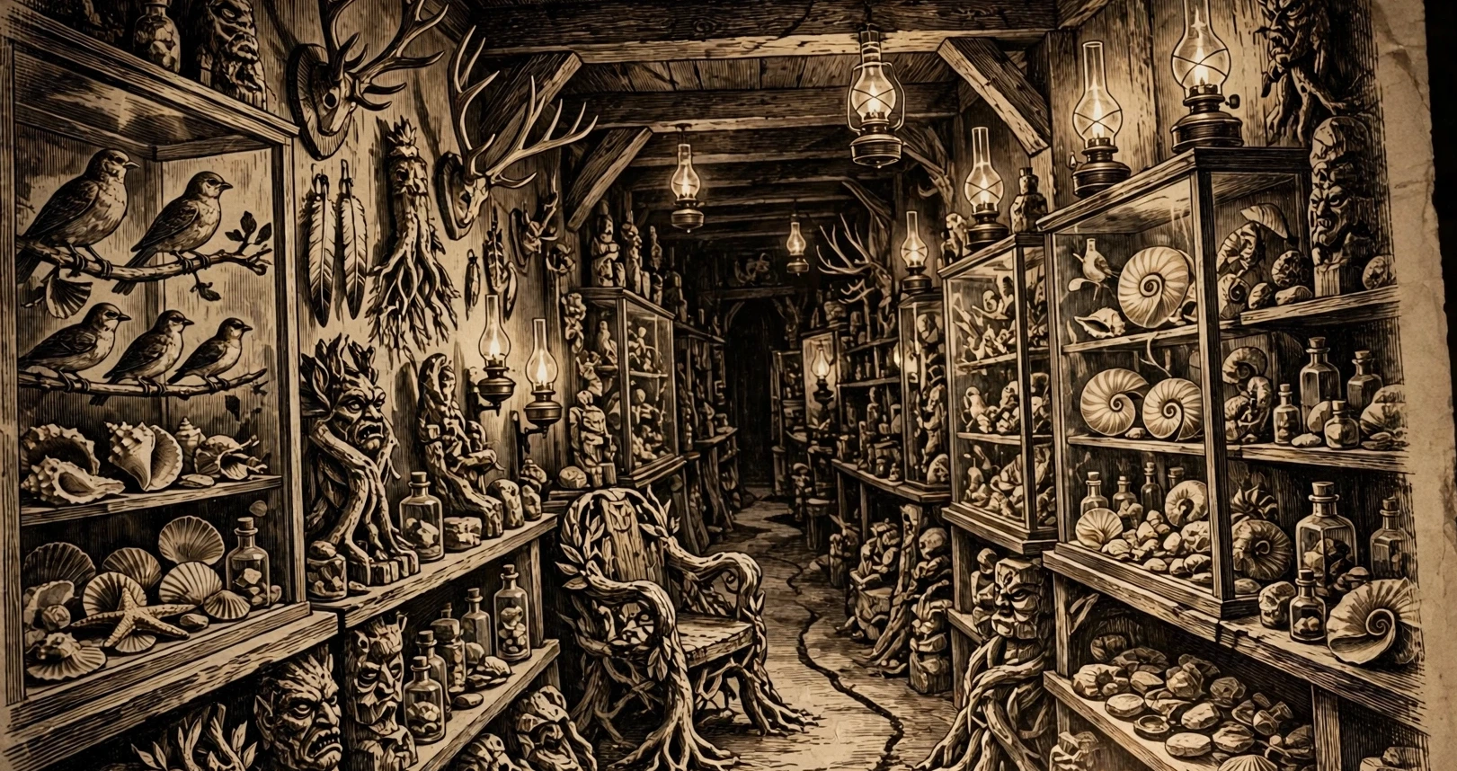 The museum inside the Maple Spring Hotel as a visitor described it: lamplit cases of birds, shells and curiosities, and furniture carved from laurel roots