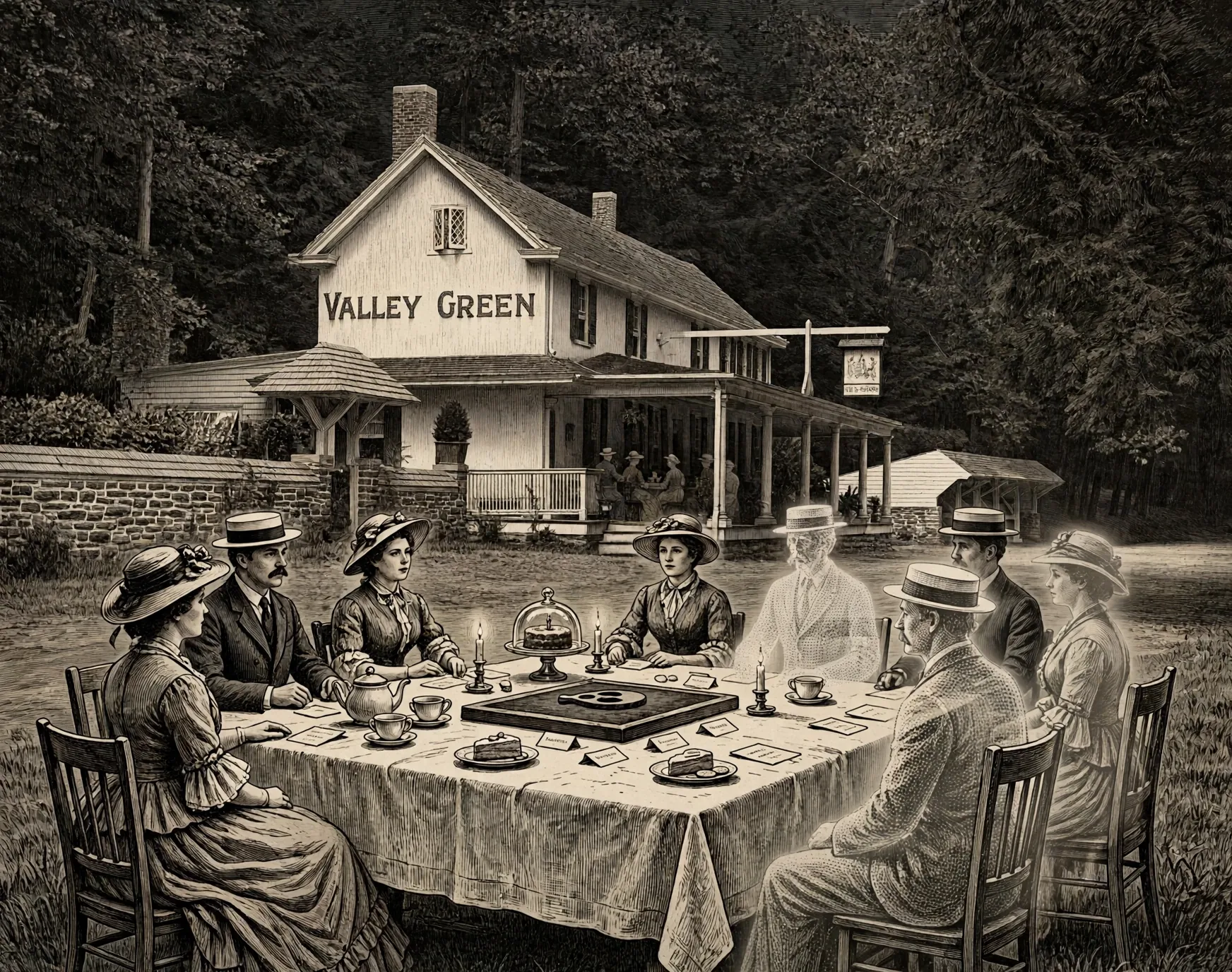 An engraving drawn from the c. 1920 photograph of Valley Green Inn: the inn as it was photographed, and before it a tea party at dusk, the talking board among the tea things, two of the guests translucent