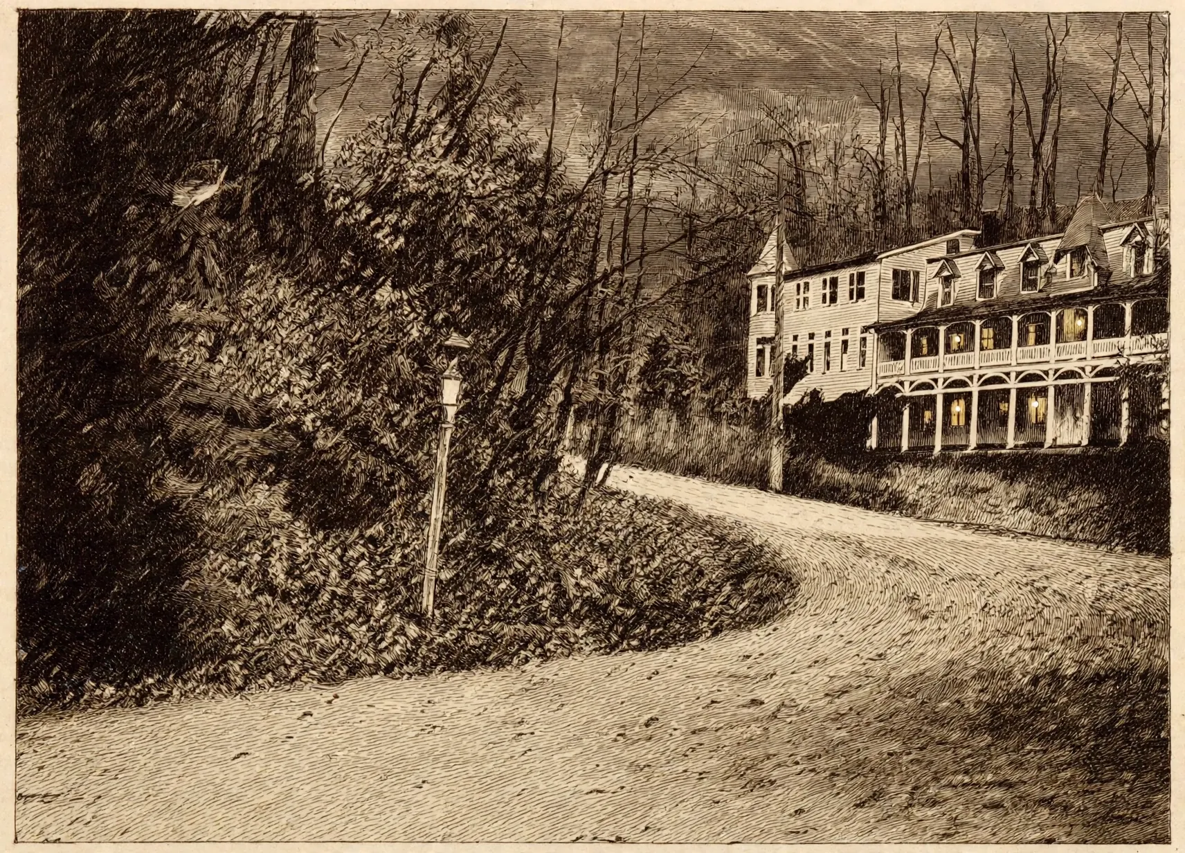 The Second Indian Rock Hotel at the end of the curving drive: a long three-storey house with two levels of arched porches and a dormered roof, among bare trees
