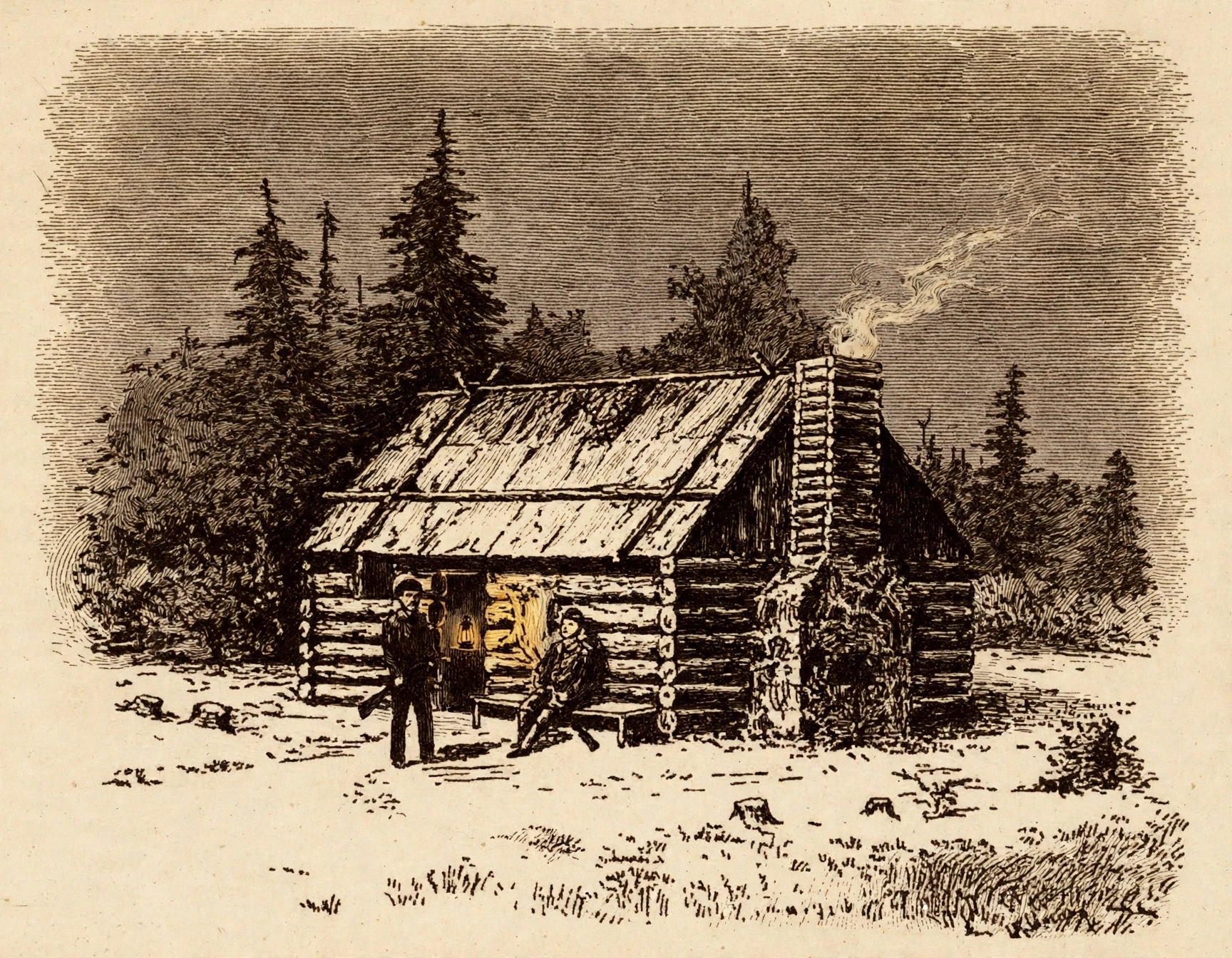 A small cabin of true logs with a smoking stone chimney and two figures before the door, among tall pines — the 1840 campaign cabin as an 1893 book engraved it