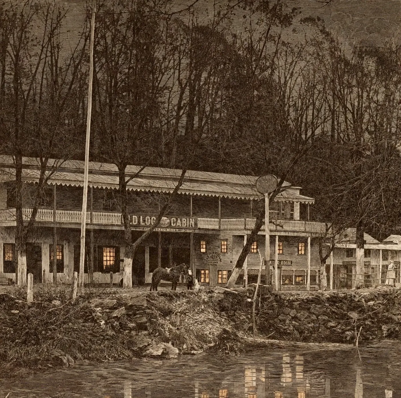 The Old Log Cabin tavern from across the creek: a long whitewashed house with a full-length balcony lettered OLD LOG CABIN, a horse and figures before it, the creek in front