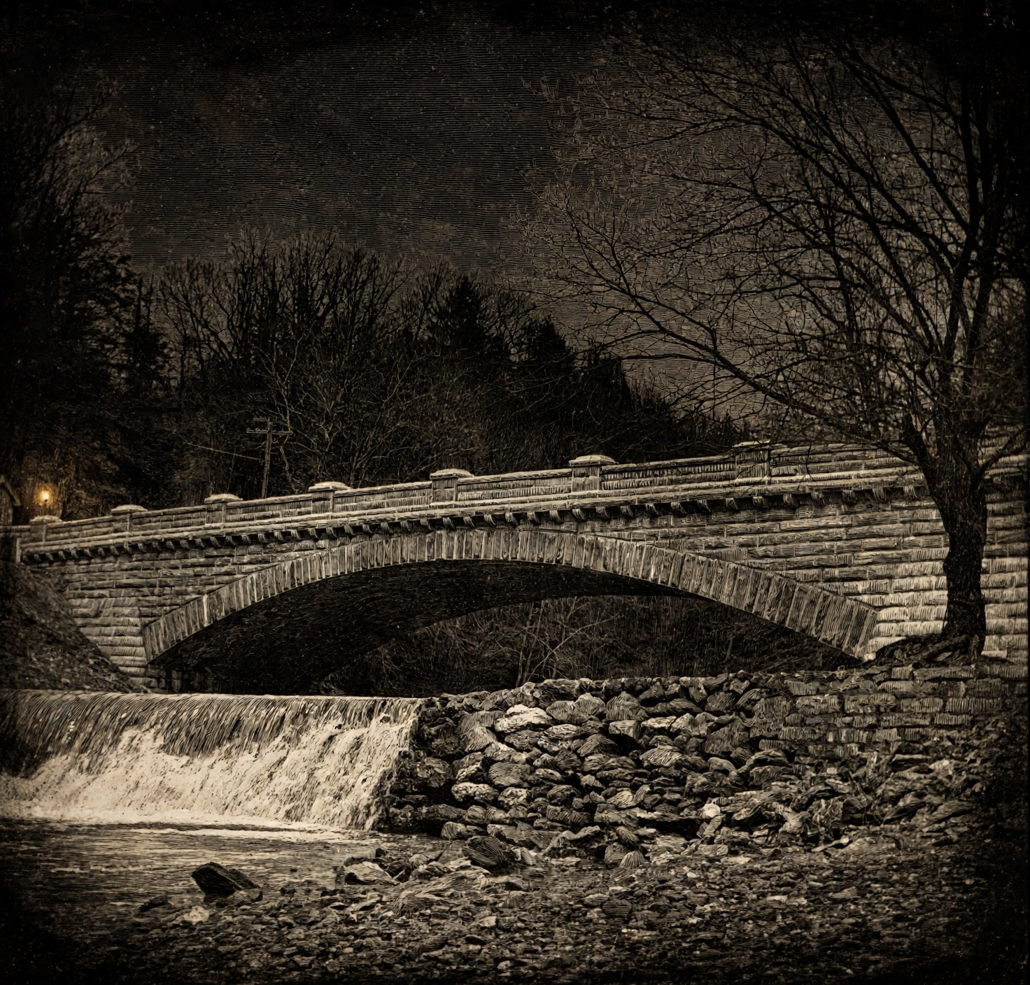 The Lotus Inn Bridge at dusk, drawn from its lantern slide of about 1895: a stone arch over the creek, one small lamp burning at the far end
