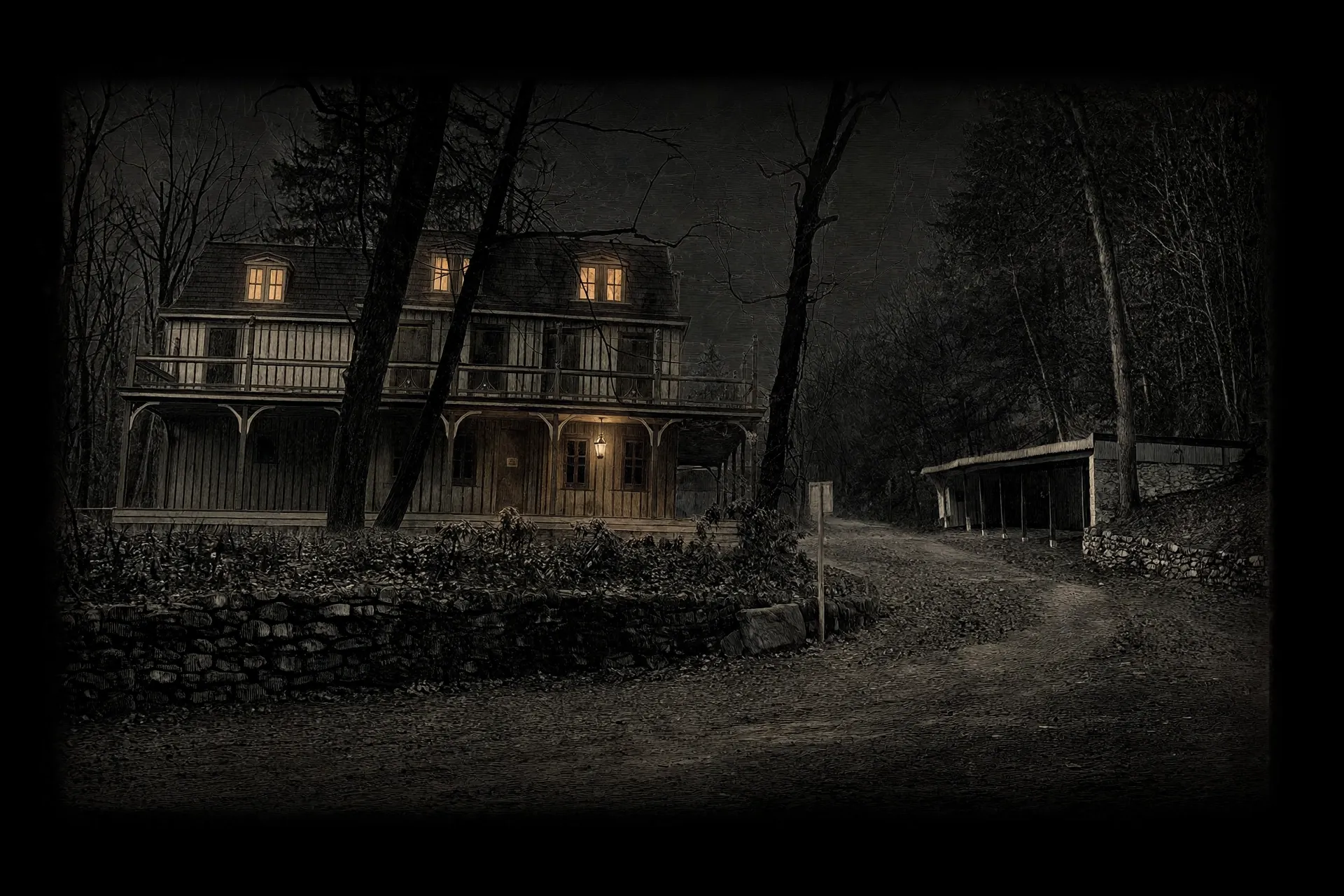 The Lotus Inn at dusk, drawn from its one surviving photograph: a two-story inn with a mansard roof, a full balcony and an arched veranda, the long carriage shed to its right, lamplight in the windows