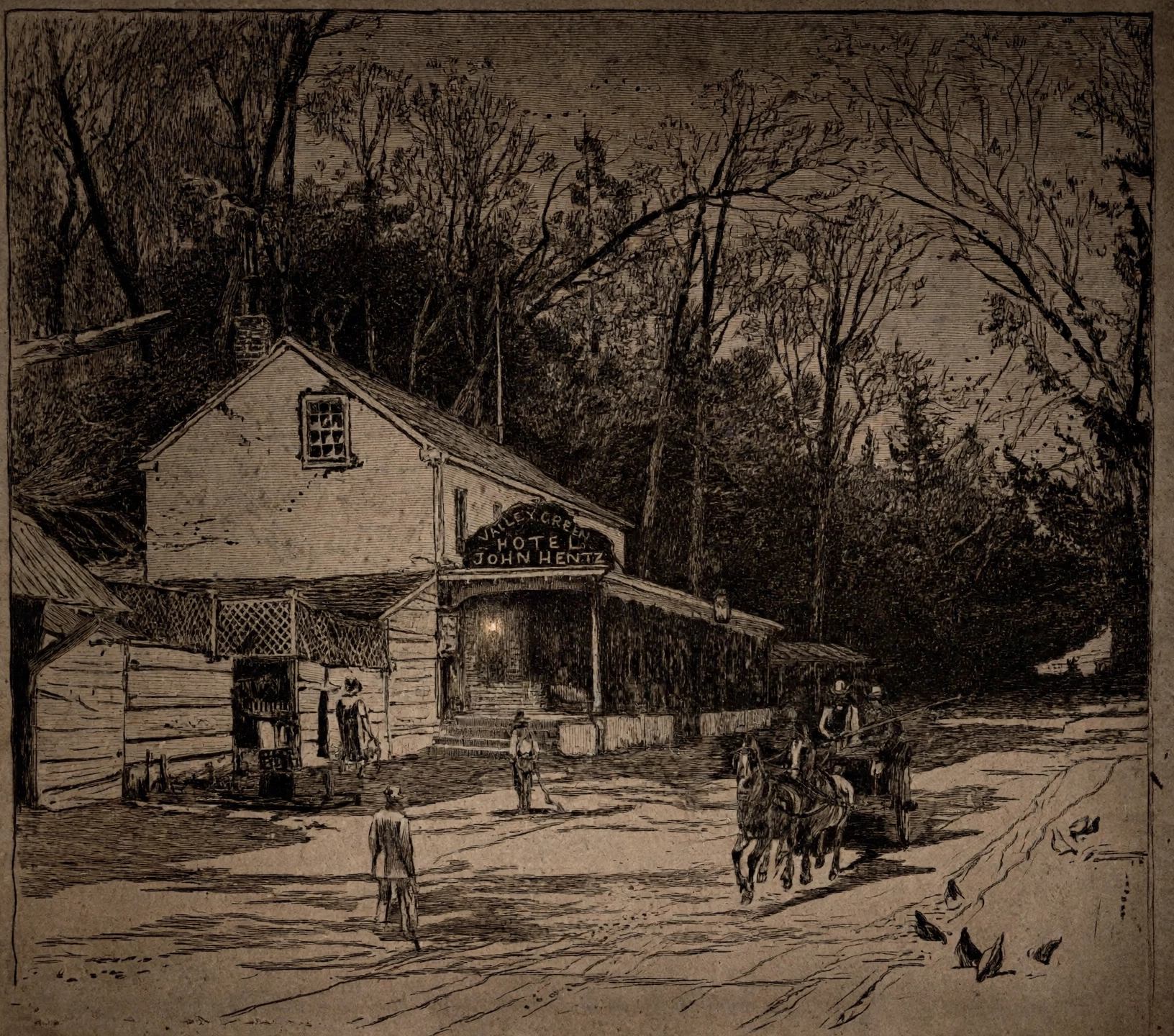 The long porch of Valley Green Inn, a painted sign naming the keeper, rockers in the candlelight