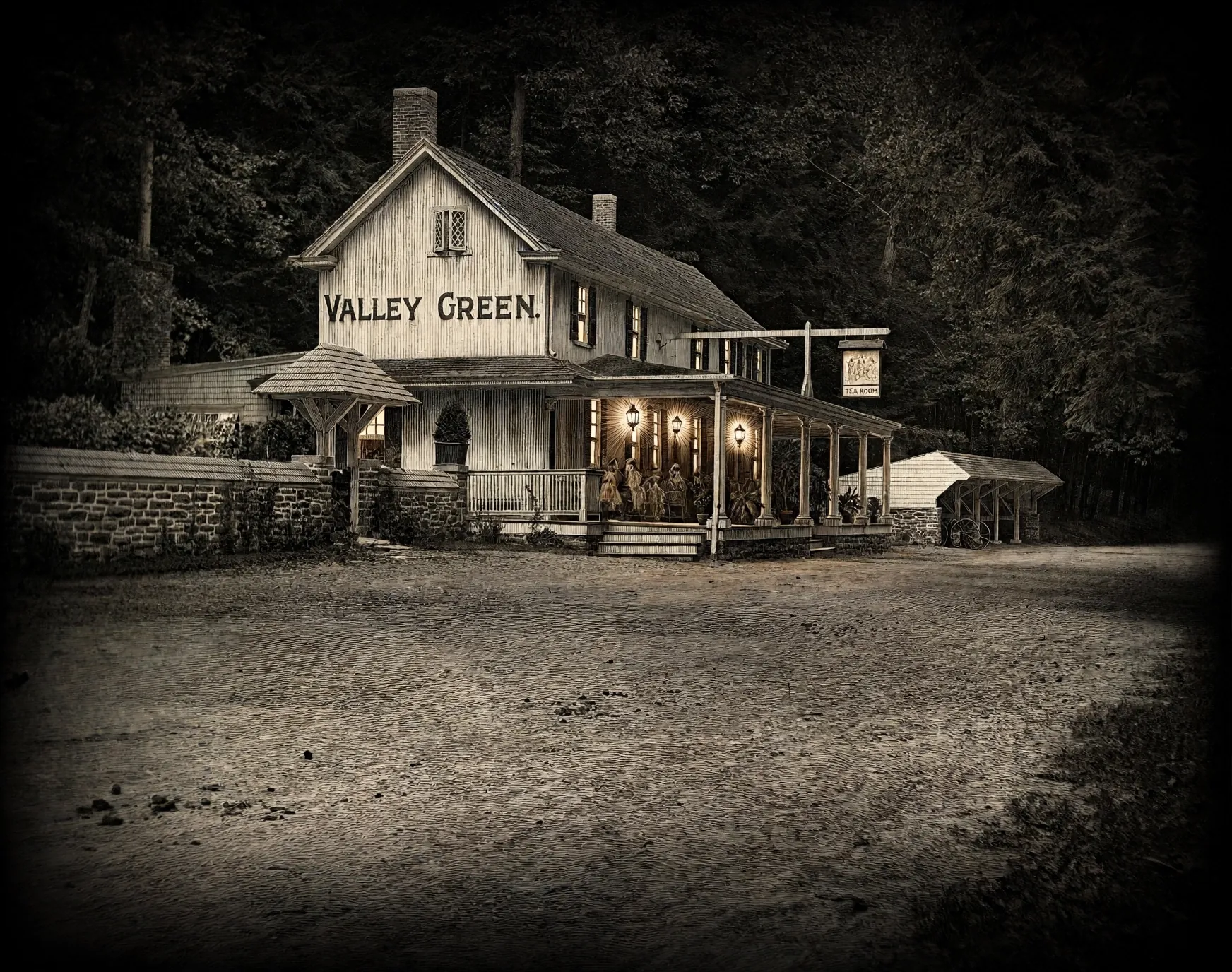 Valley Green Inn at dusk in its working years: a stone inn with a long porch, lamplight in the windows, mist on the creek below