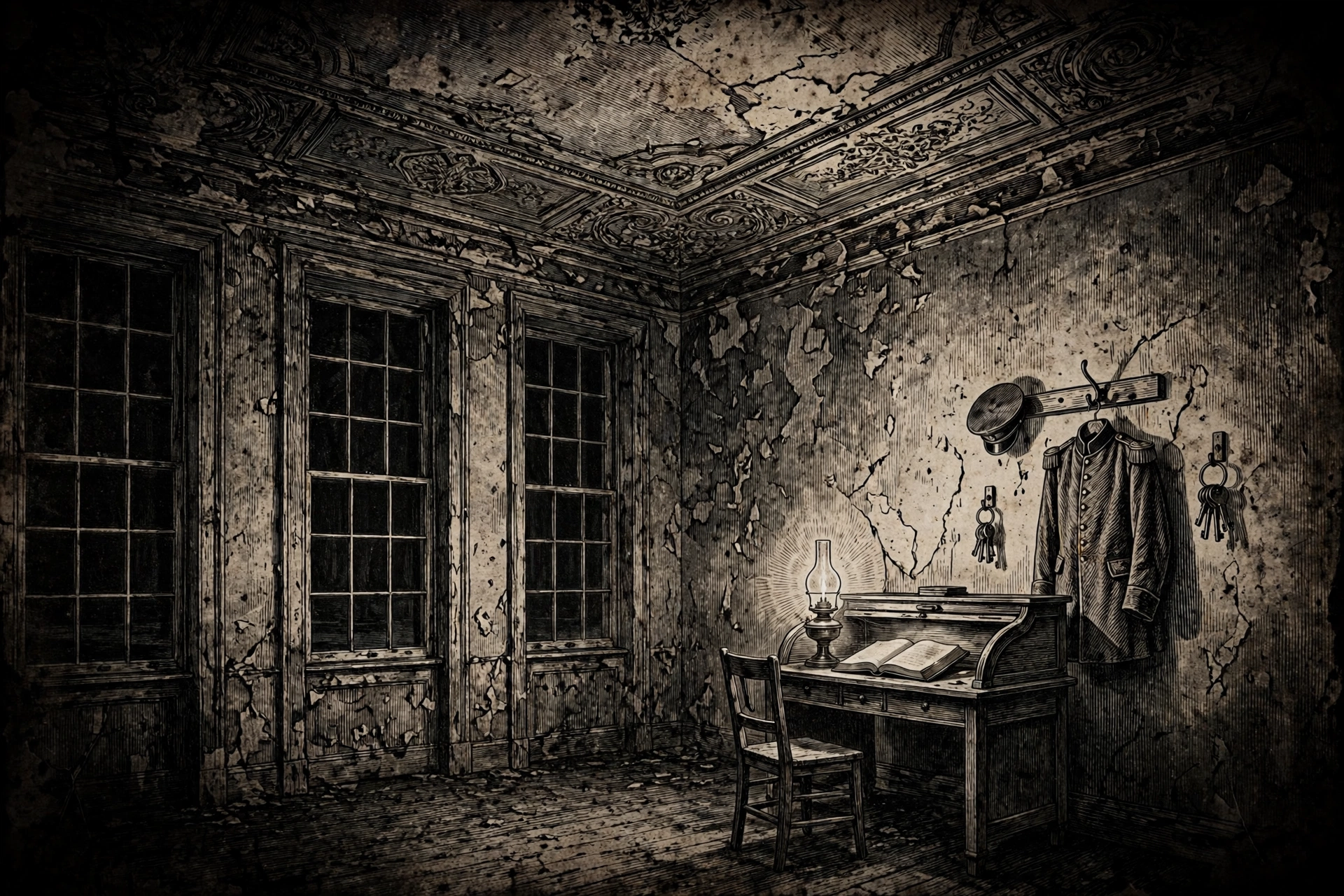 The guard room inside Wissahickon Hall: a plain desk and log book beneath tall dark windows, a uniform coat on a hook
