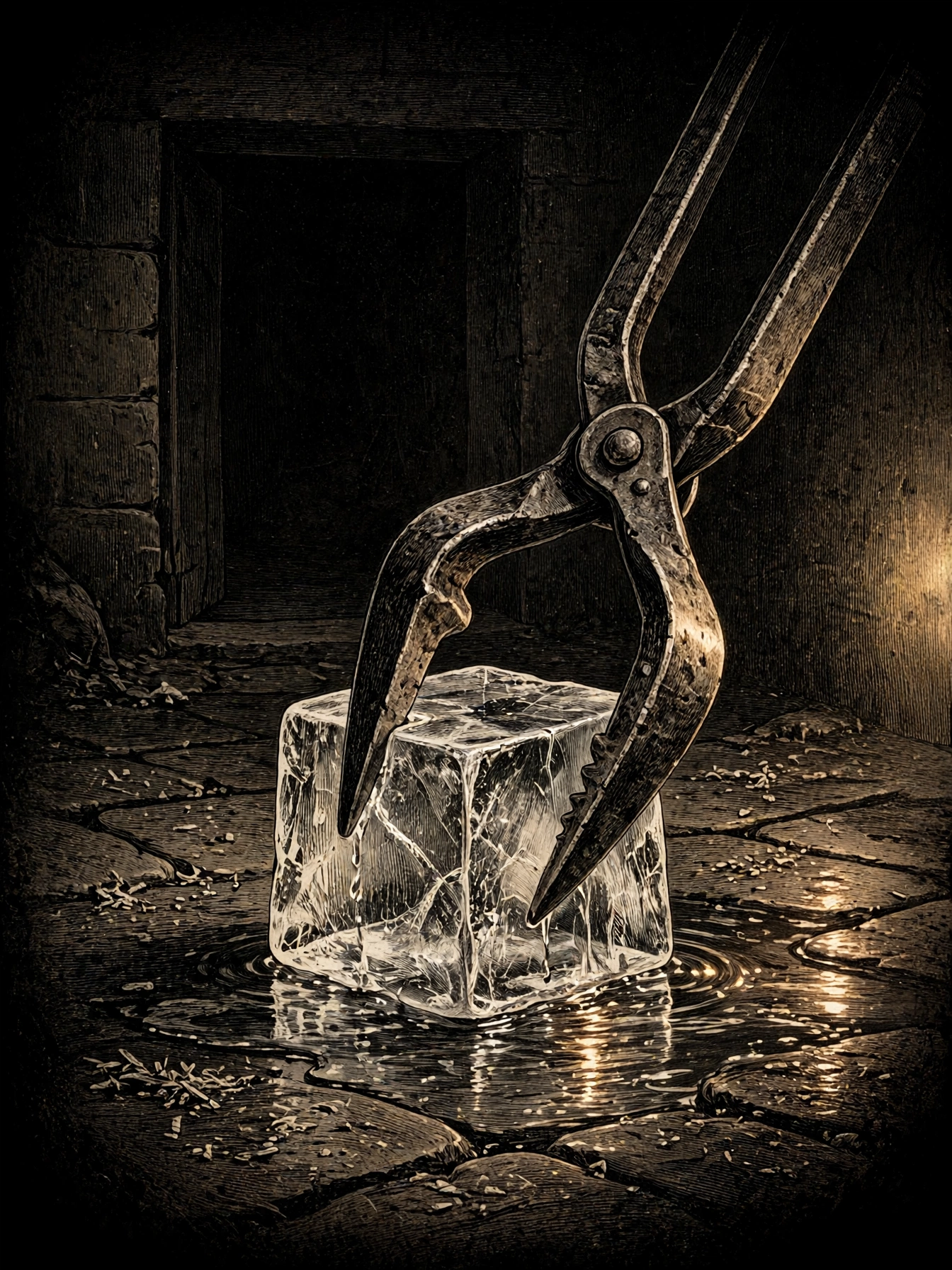 Iron ice tongs gripping a block of creek ice on a stone floor, lit by one candle